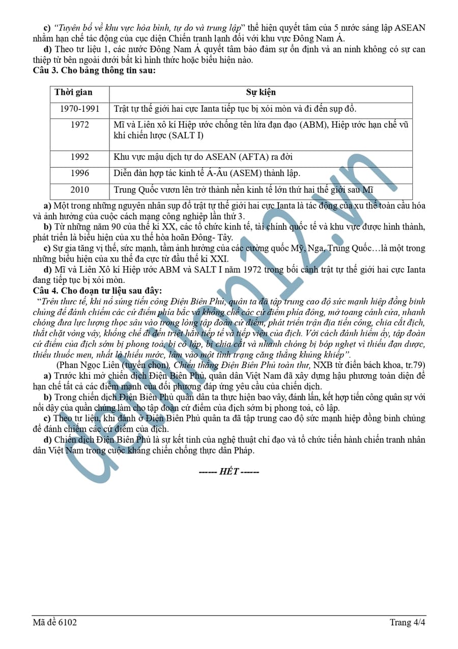 Đề thi thử tốt nghiệp môn sử liên trường Nghệ An 2026 mã 6102 4