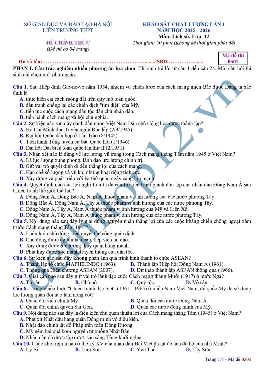 Đề thi thử tốt nghiệp môn sử Liên trường THPT Hà Nội 2026