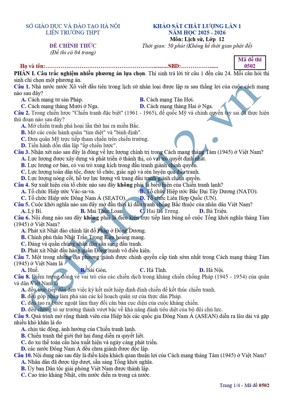 Đề thi thử tốt nghiệp môn sử Liên trường THPT Hà Nội 2026 2