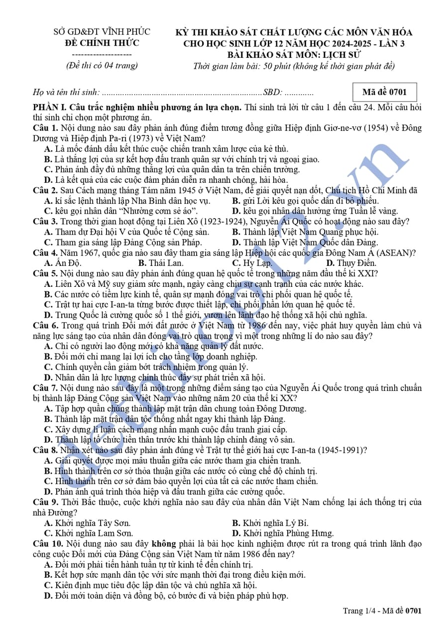 Đề thi kscl môn sử lớp 12 tỉnh Vĩnh Phúc 2025 lần 3