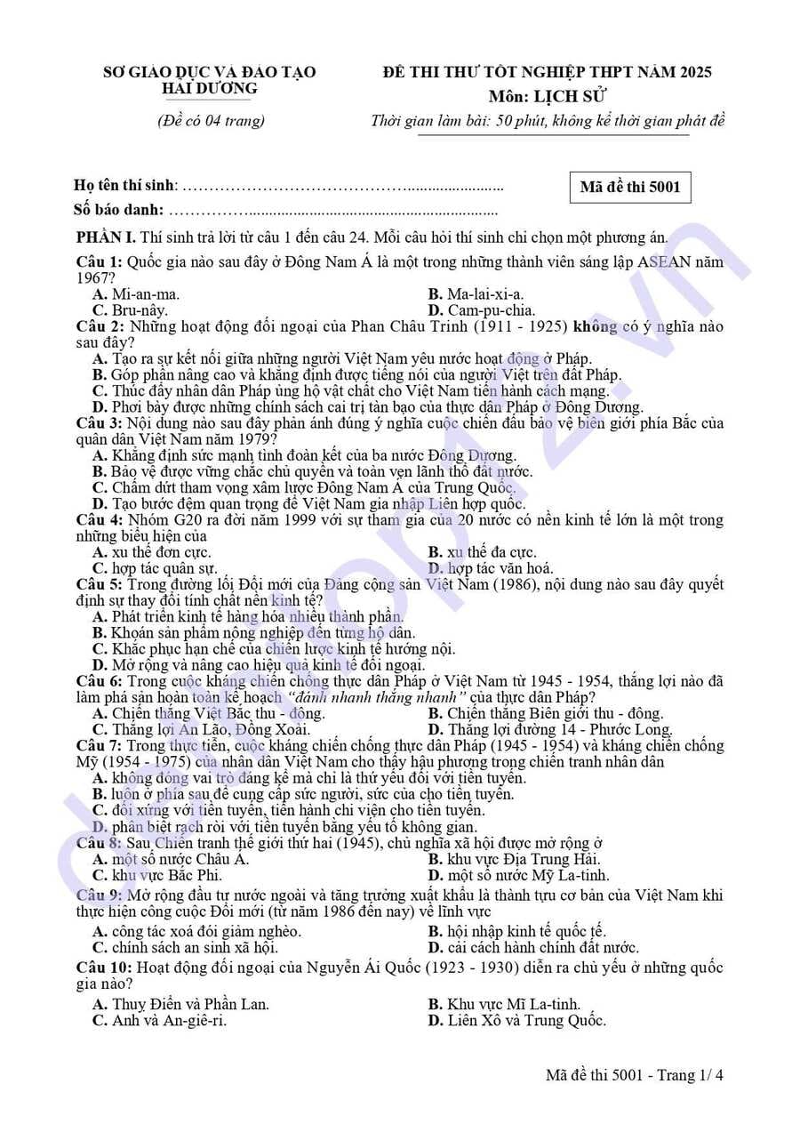 Đề thi thử lịch sử thptqg 2025 Hải Dương lần 3 
