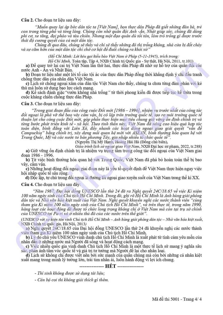 Đề thi thử lịch sử thptqg 2025 Hải Dương lần 3 4