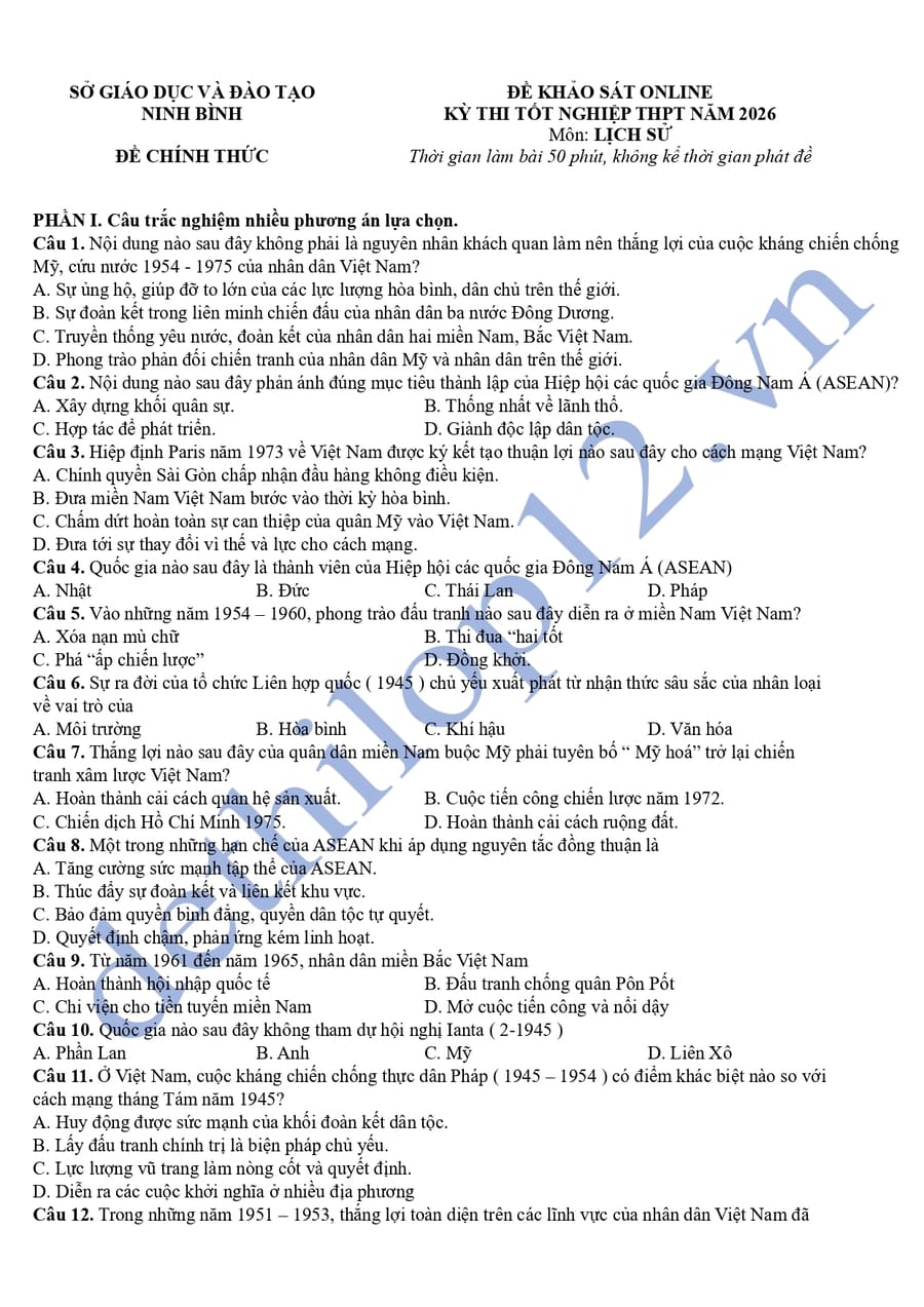 Đề thi online KSCL môn sử lớp 12 Ninh Bình 2026