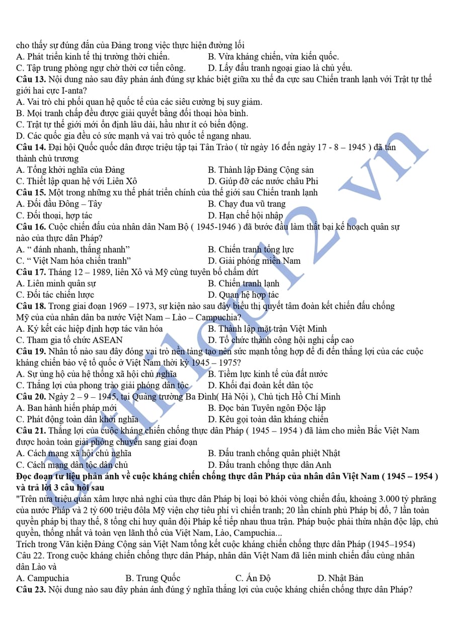 Đề thi online KSCL môn sử lớp 12 Ninh Bình 2026 2