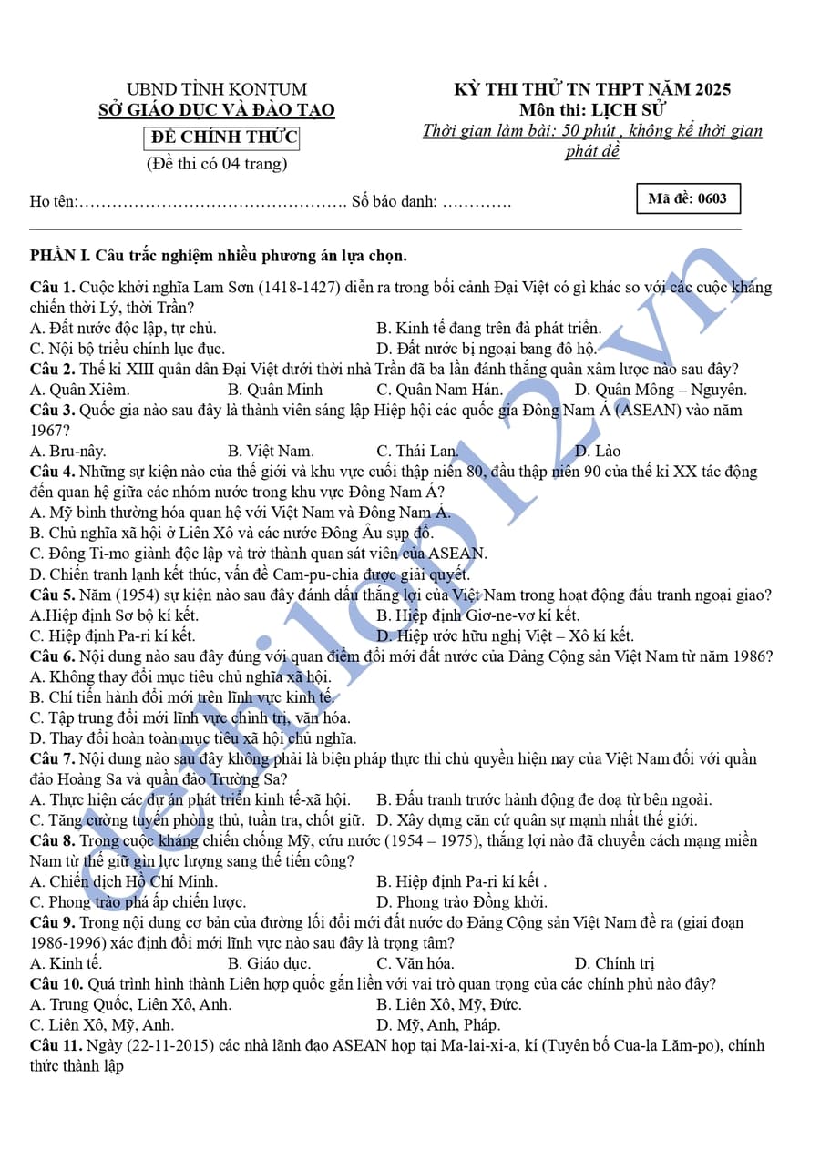 Đề thi thử tốt nghiệp môn sử tỉnh Kon Tum 2025