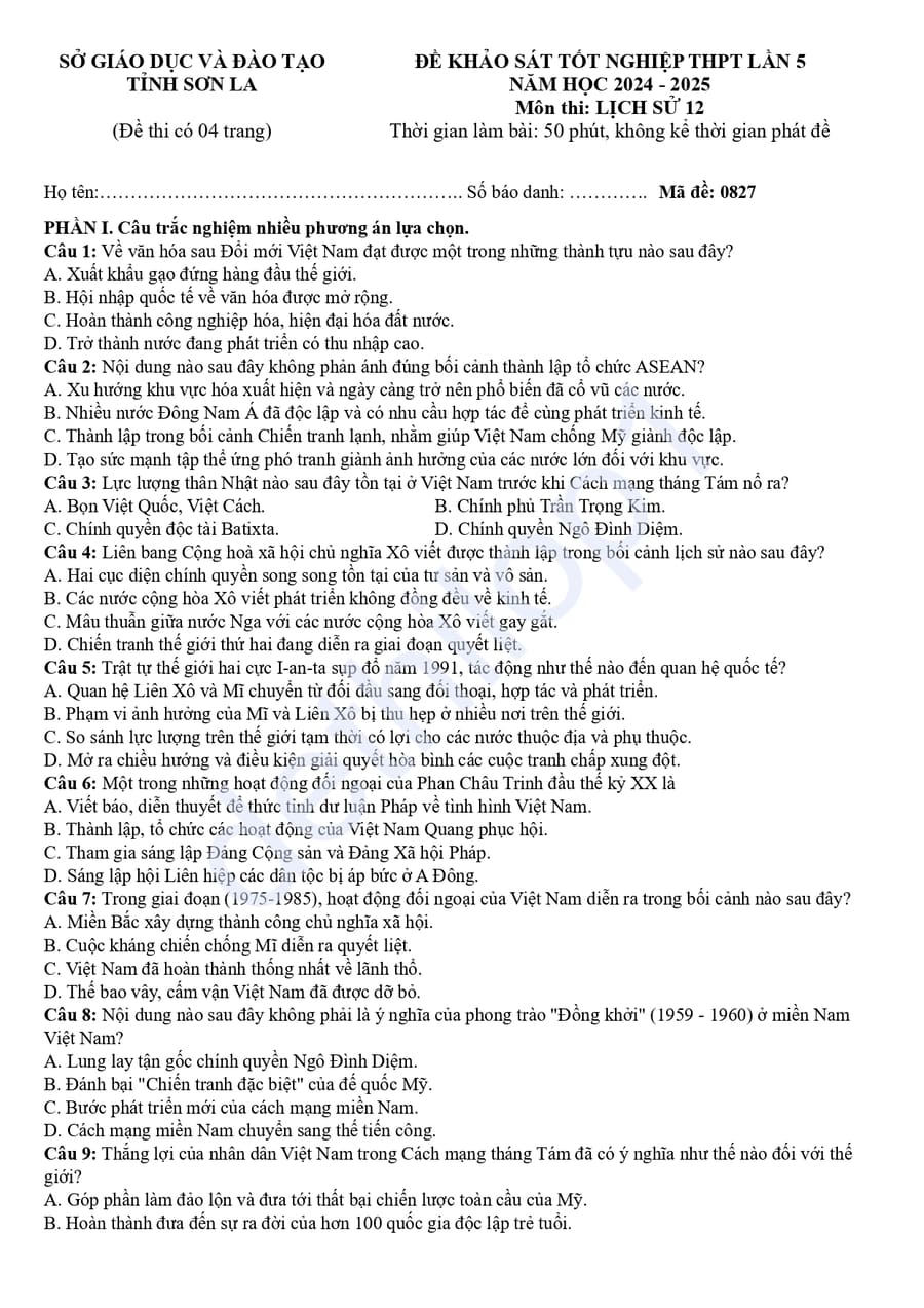 Đề thi tốt nghiệp môn sử tỉnh Sơn La 2025 lần 5