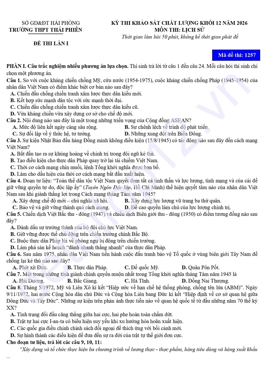 Đề thi thử tốt nghiệp môn sử THPT Thái Phiên 2026 