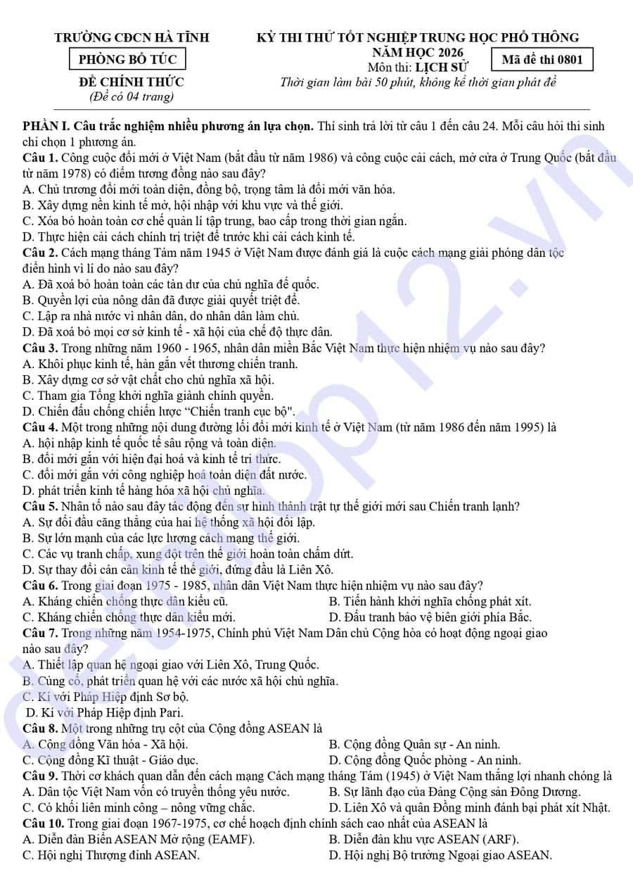 Đề thi thử tốt nghiệp môn sử CDCN Hà Tĩnh 2026 