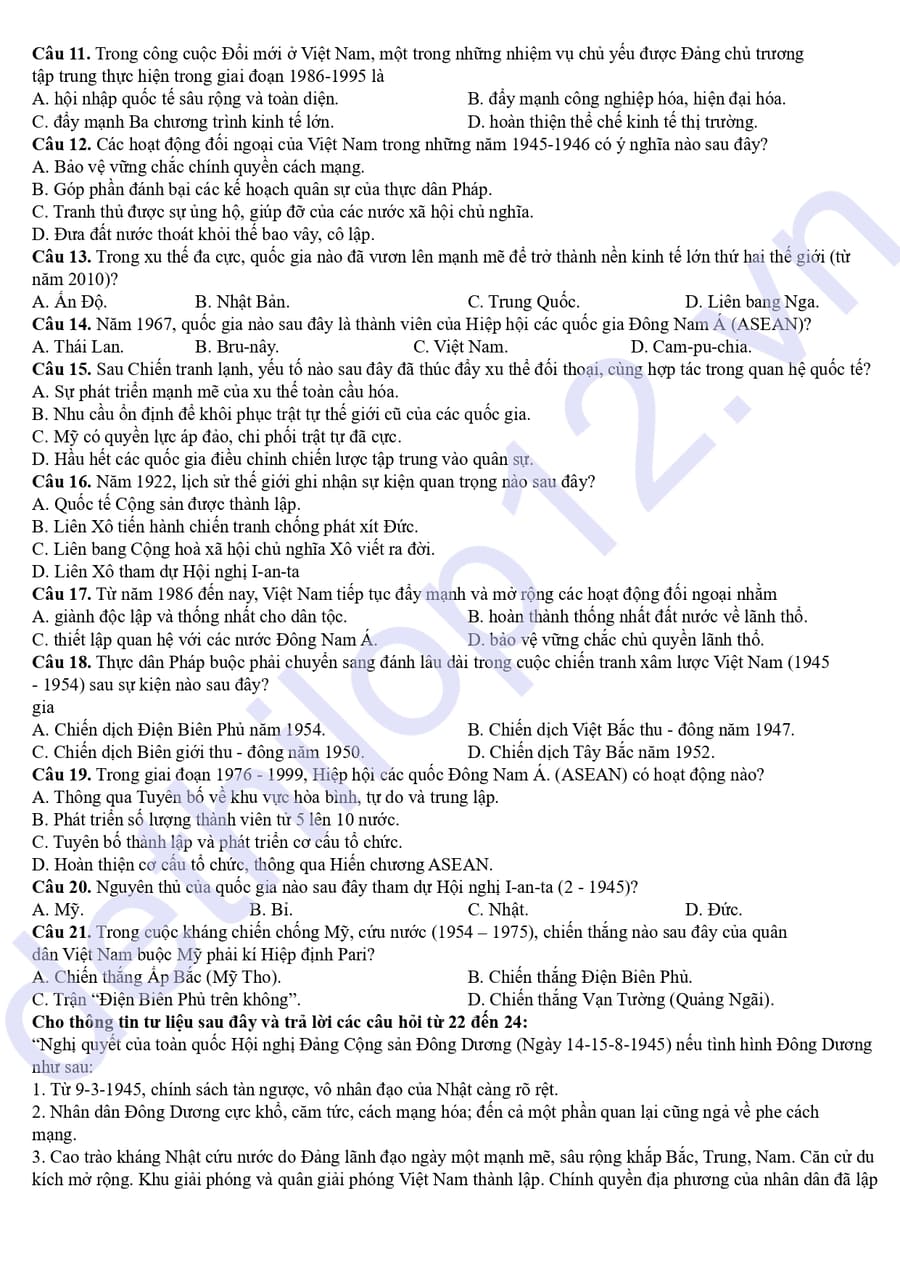 Đề thi thử tốt nghiệp môn sử CDCN Hà Tĩnh 2026  2