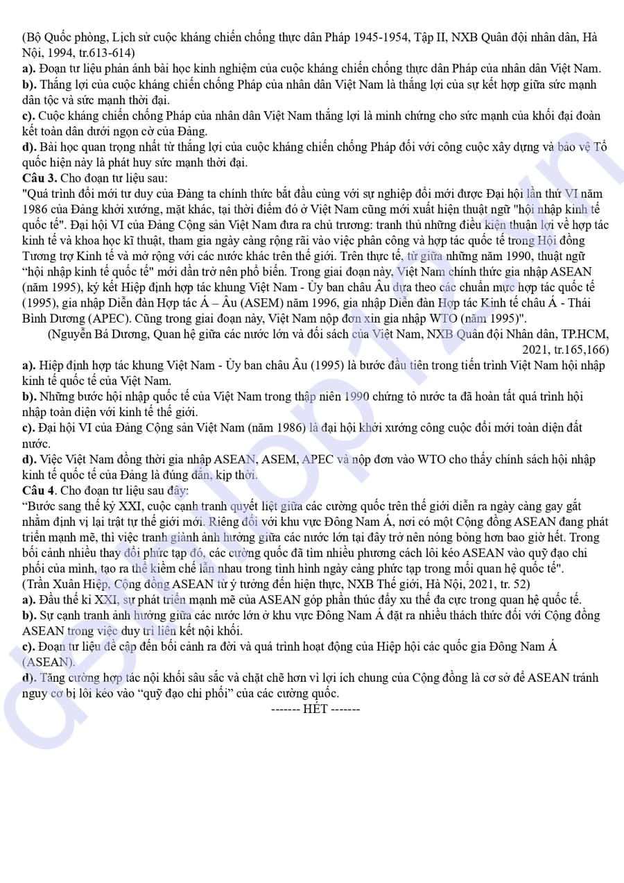 Đề thi thử tốt nghiệp môn sử CDCN Hà Tĩnh 2026 4