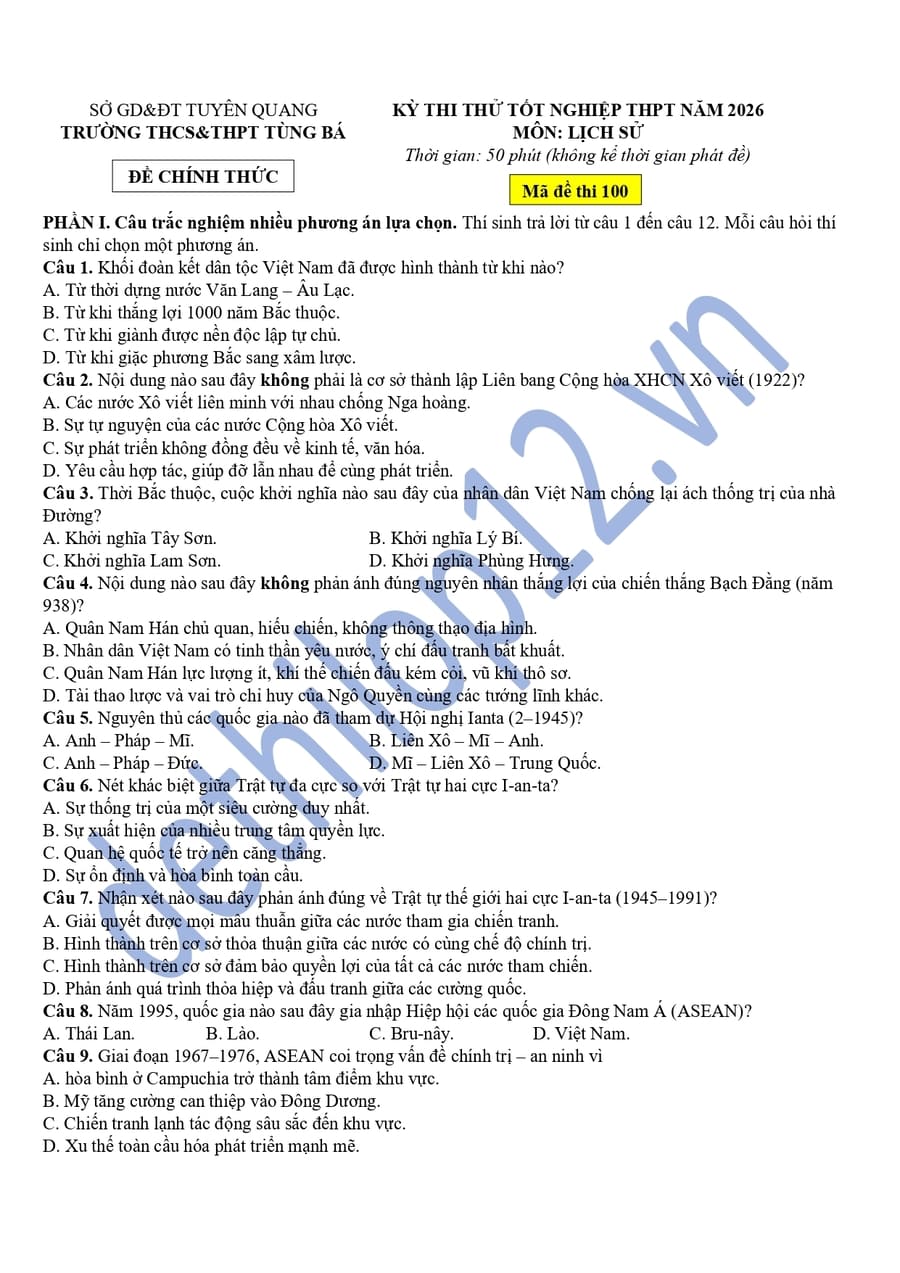 Đề thi thử tốt nghiệp môn sử THPT Tùng Bá 2026