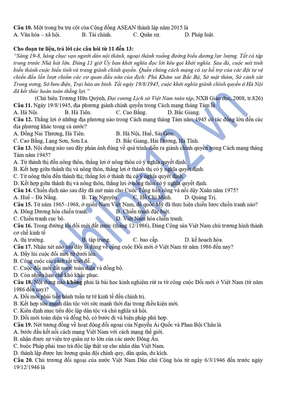 Đề thi thử tốt nghiệp môn sử THPT Tùng Bá 2026 2