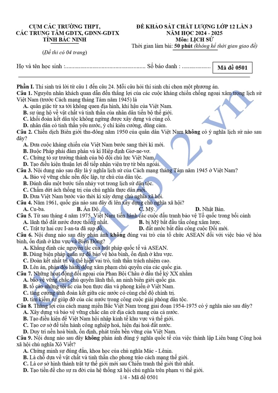 Đề thi kscl lịch sử lớp 12 liên trường Bắc Ninh 2025 lần 3