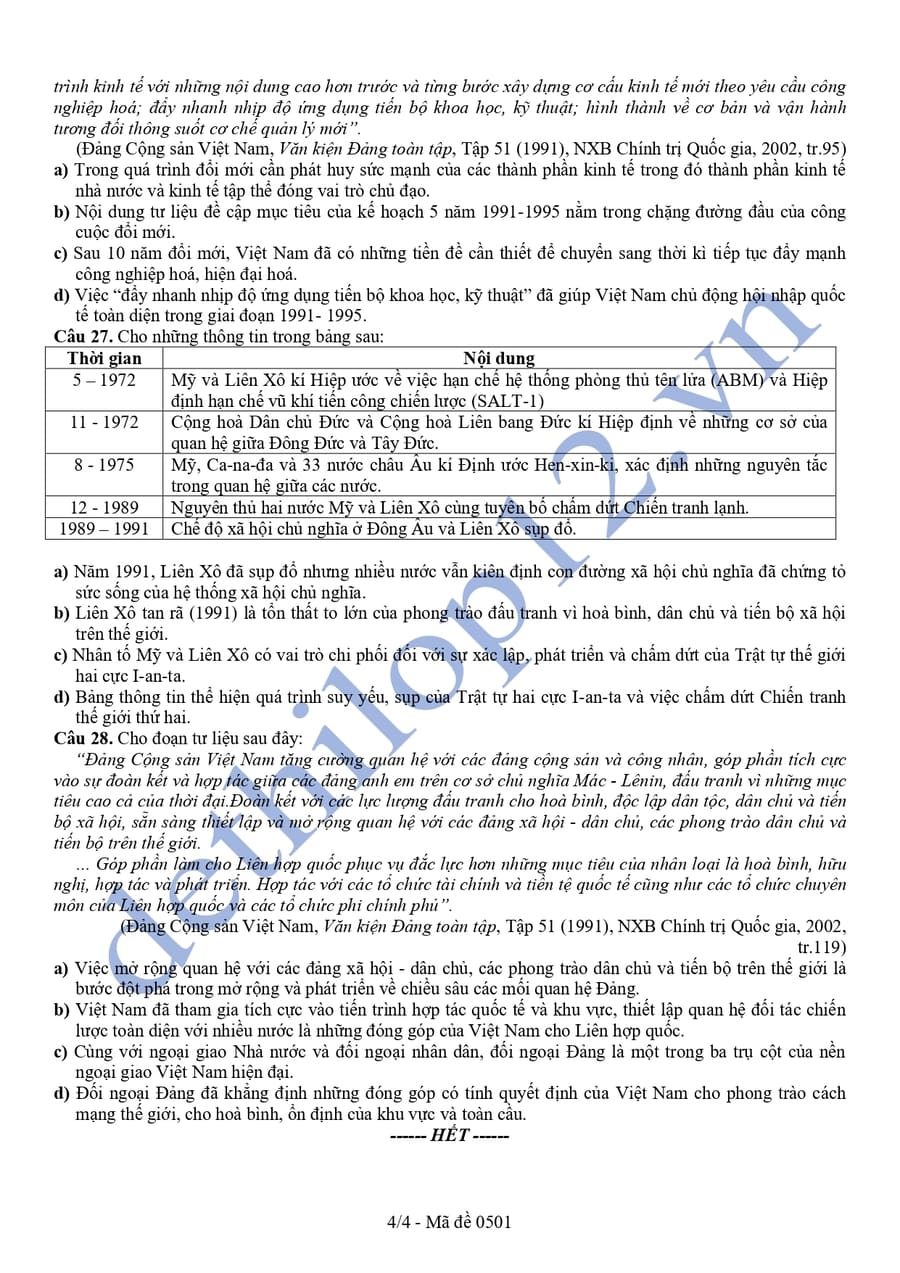 Đề thi kscl lịch sử lớp 12 liên trường Bắc Ninh 2025 lần 3 4