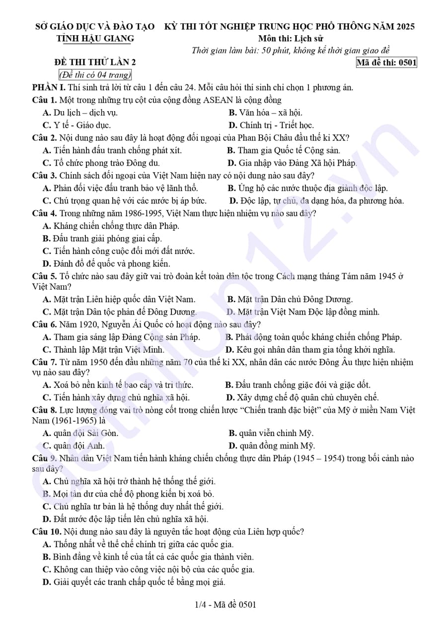 Đề thi thử tốt nghiệp môn sử tỉnh Hậu Giang 2025 lần 2