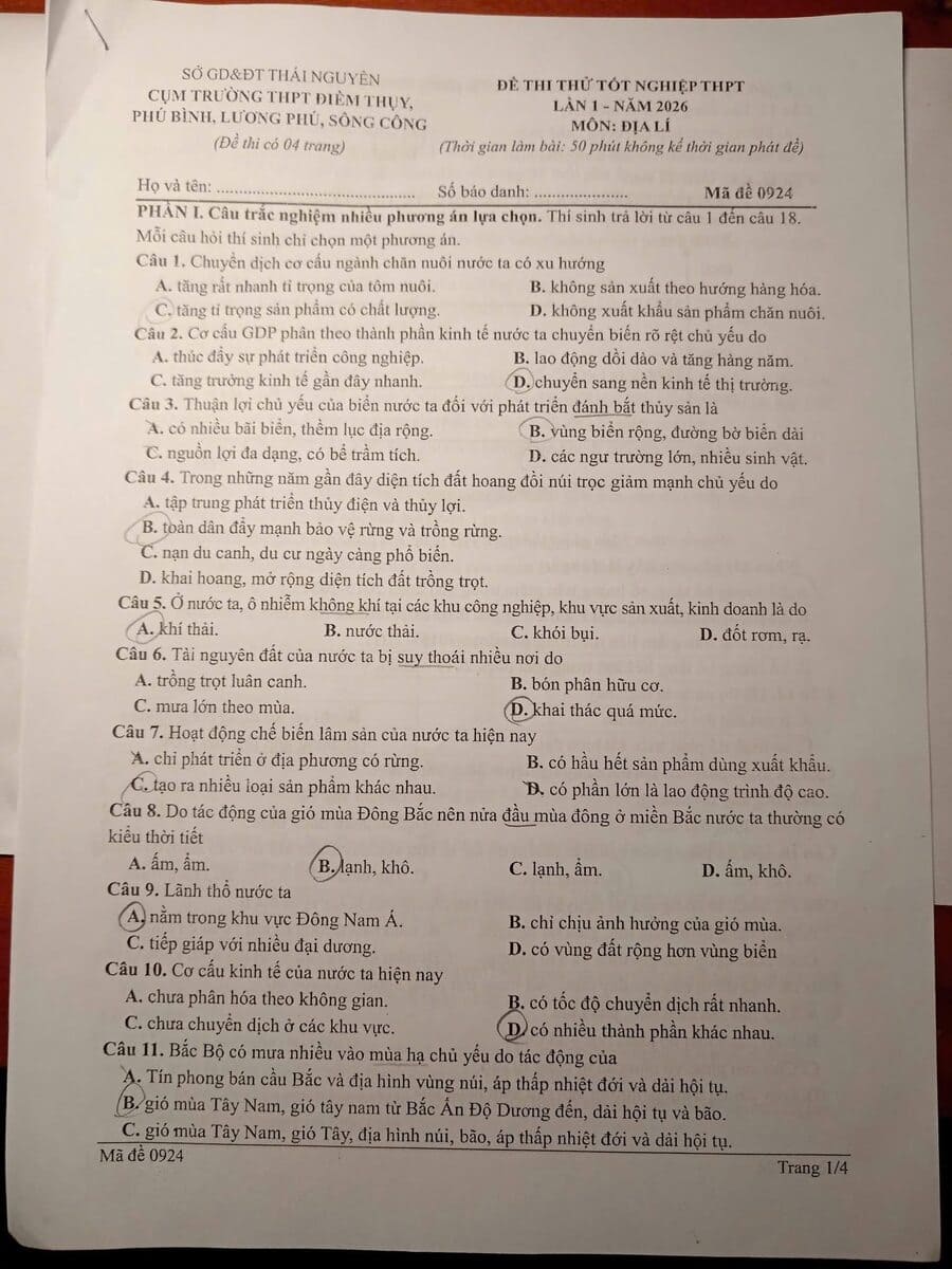 Đề thi thử tốt nghiệp môn địa cụm thpt Thái Nguyên 2026