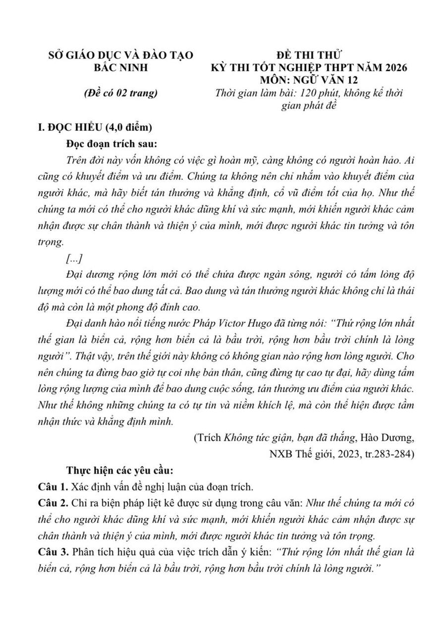 Đề thi thử tốt nghiệp môn Văn Bắc Ninh 2026 