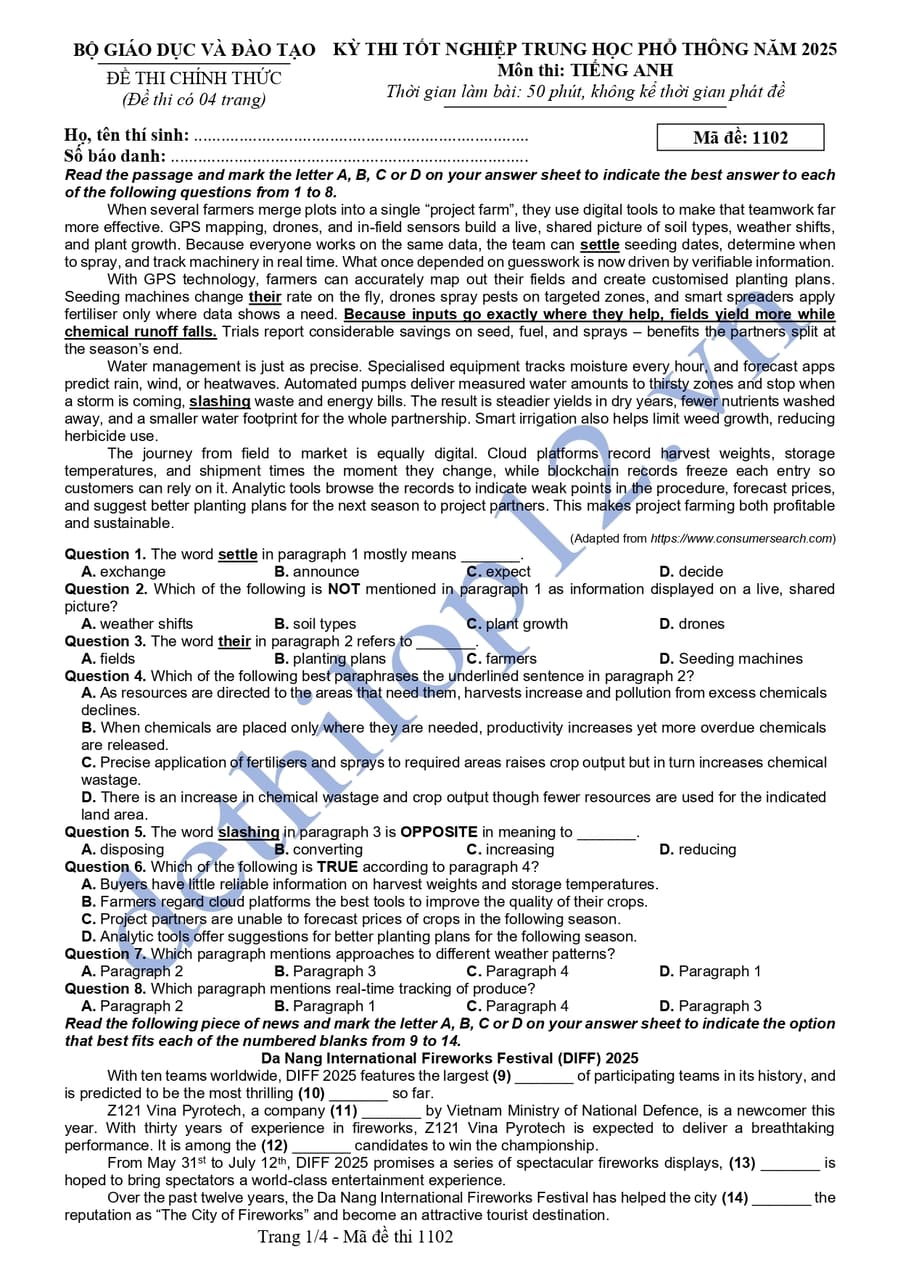 Đề thi tiếng Anh THPT Quốc Gia 2025 mã đề 1102