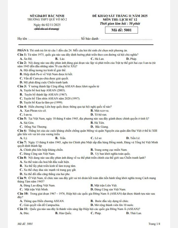 Đề khảo sát chất lượng tháng 11 môn sử Quế Võ 2 2026