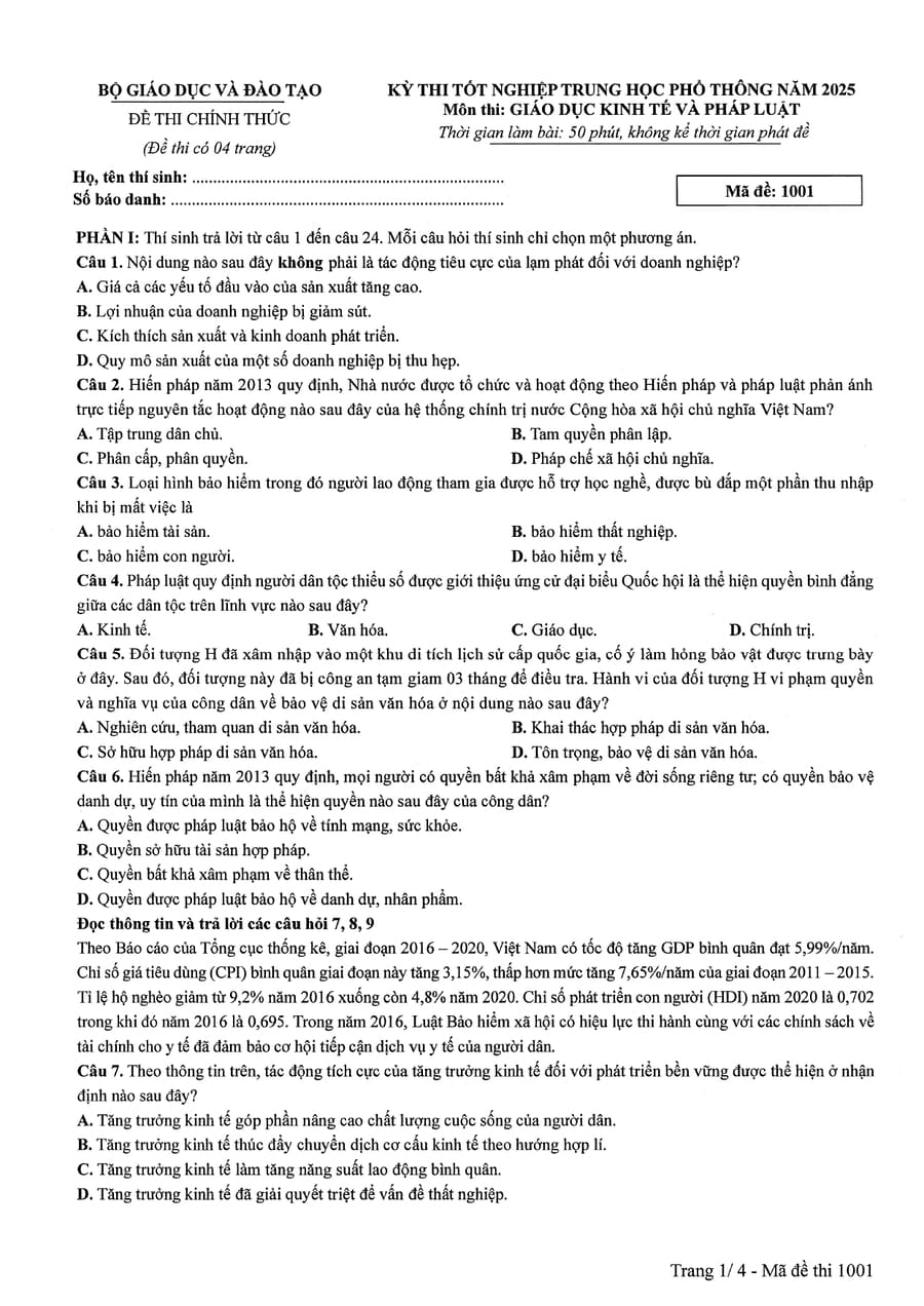 Đề thi Kinh Tế Pháp Luật THPT Quốc Gia 2025 Chính Thức