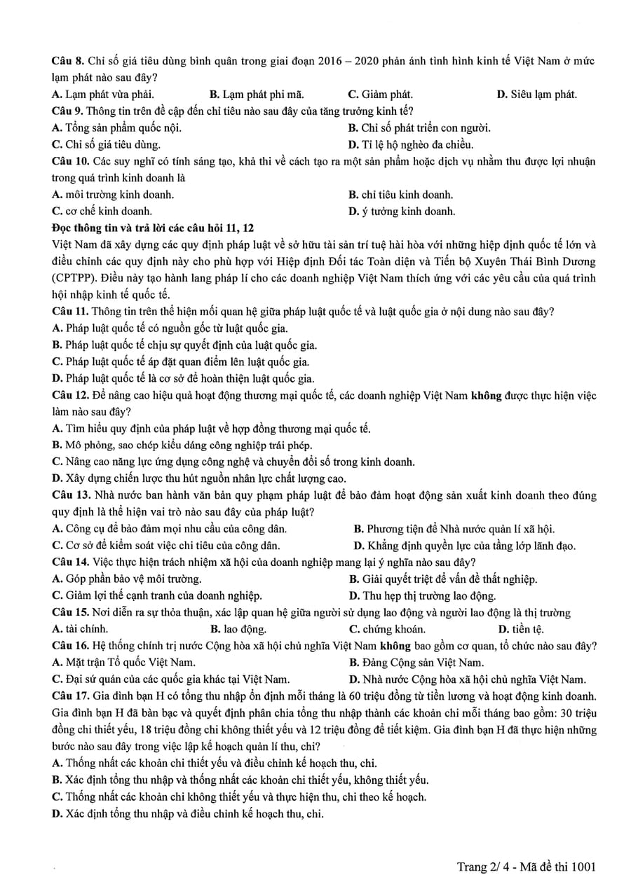 Đề thi Kinh Tế Pháp Luật THPT Quốc Gia 2025 Chính Thức 2