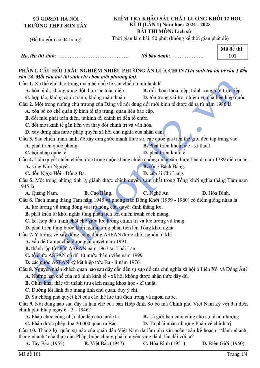 Đề thi khảo sát môn sử lớp 12 chuyên Sơn Tây 2025 lần 1
