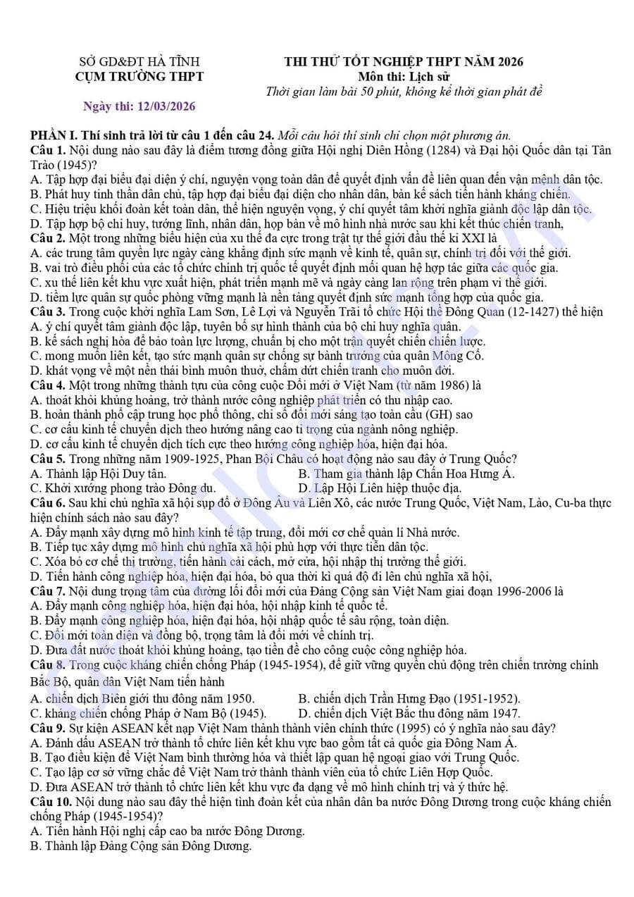 Đề thi thử tốt nghiệp môn sử cụm THPT Hà Tĩnh 2026 