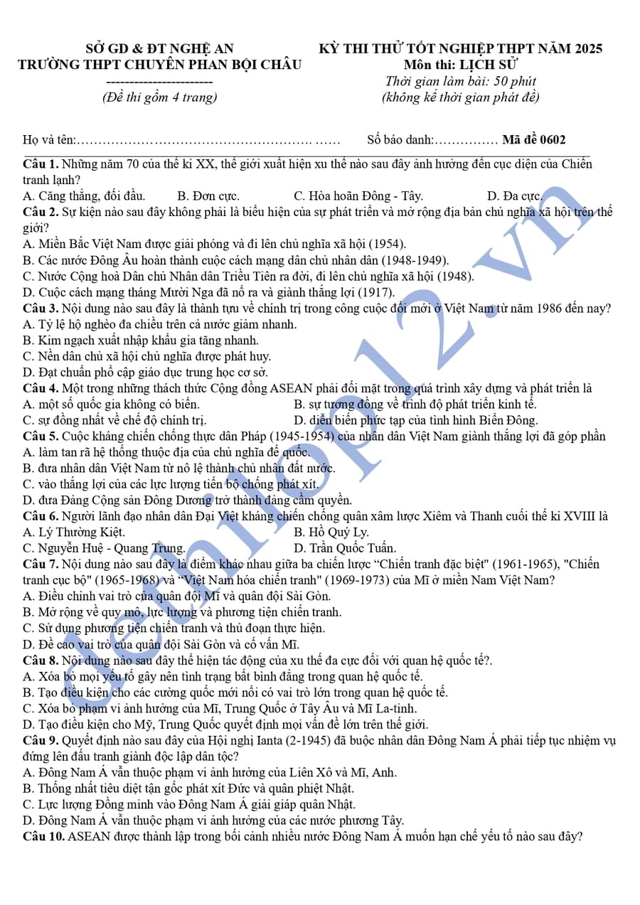 Đáp án Đề thi thử tốt nghiệp môn sử chuyên Phan Bội Châu 2025 lần 2 