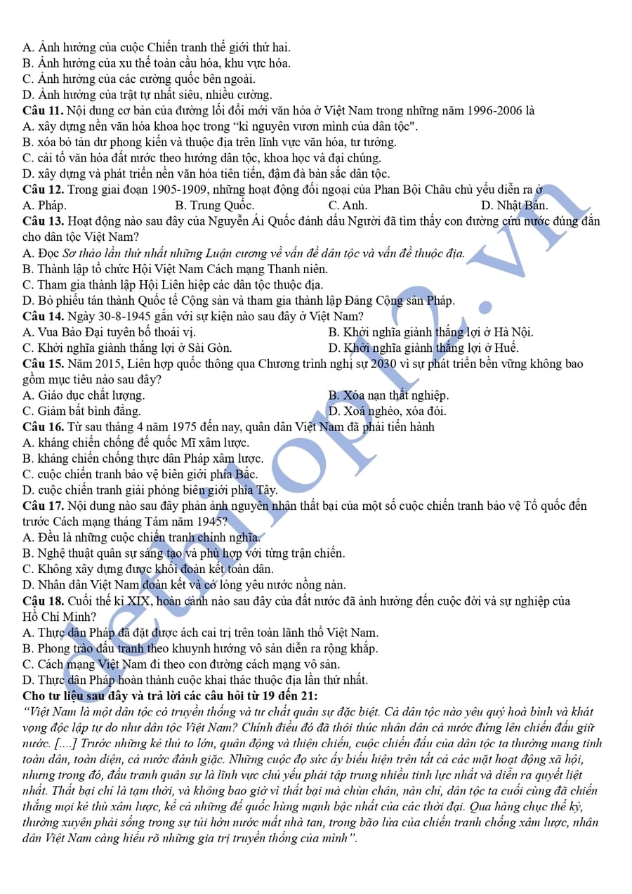 Đáp án Đề thi thử tốt nghiệp môn sử chuyên Phan Bội Châu 2025 lần 2  2