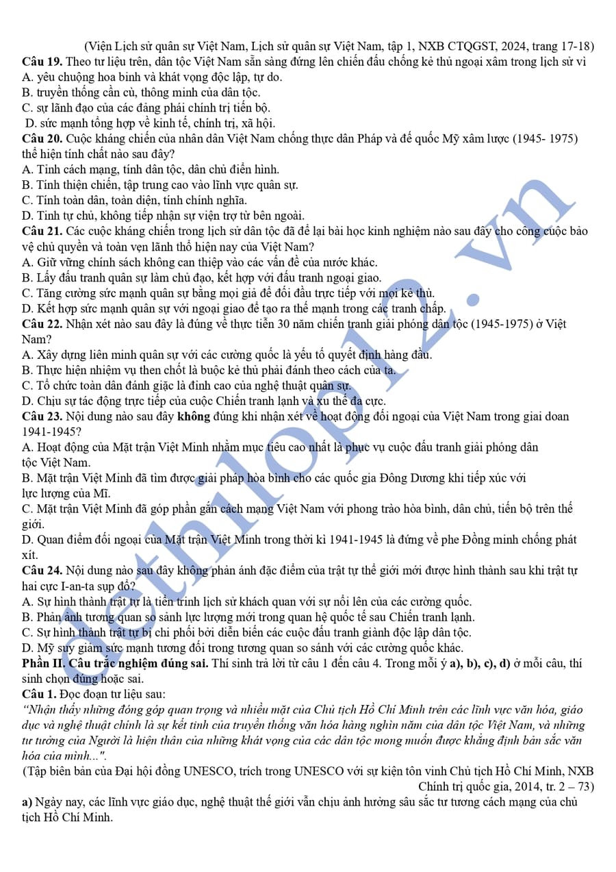 Đáp án Đề thi thử tốt nghiệp môn sử chuyên Phan Bội Châu 2025 lần 2  3