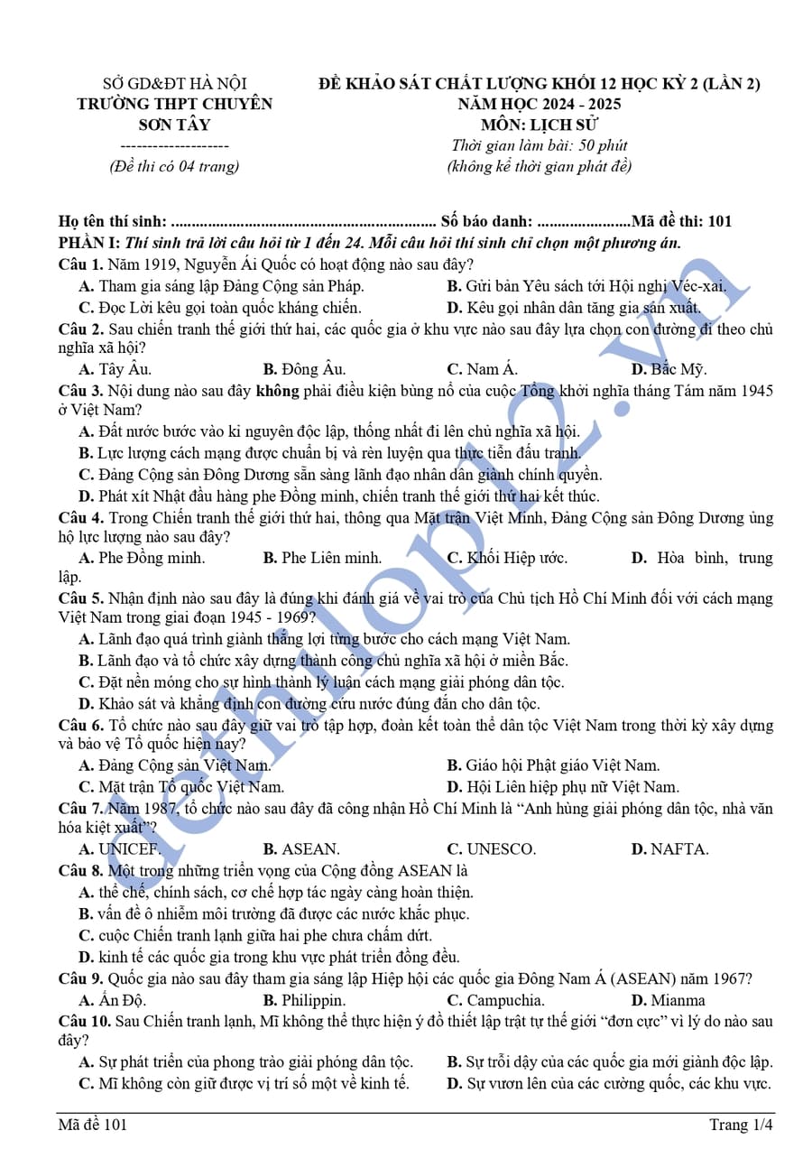 Đề thi khảo sát môn sử lớp 12 chuyên Sơn Tây 2025 lần 2