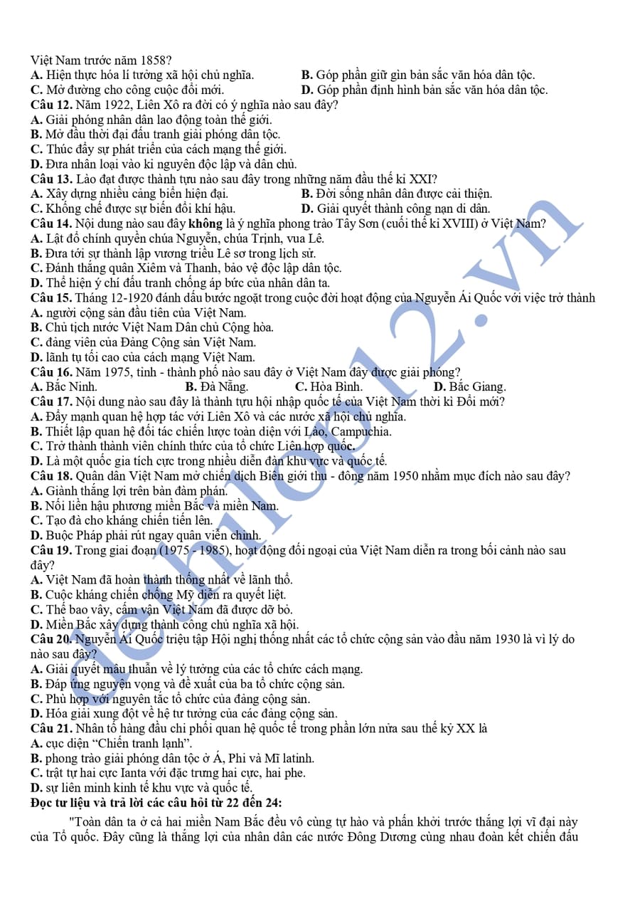 Đề thi thử tốt nghiệp môn sử Cụm THPT Thanh Hoá lần 2 2