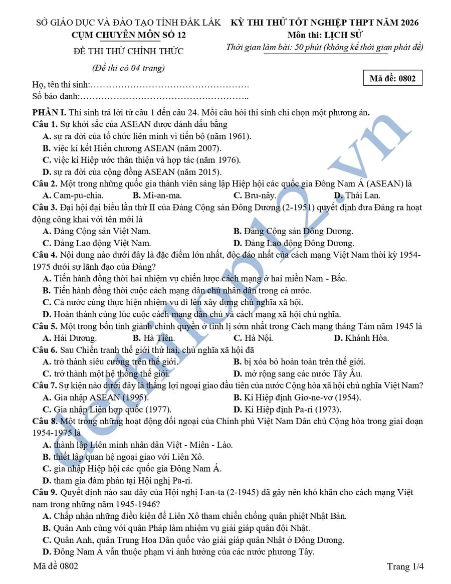Đề thi thử tốt nghiệp môn sử Cụm chuyên môn số 12 2026