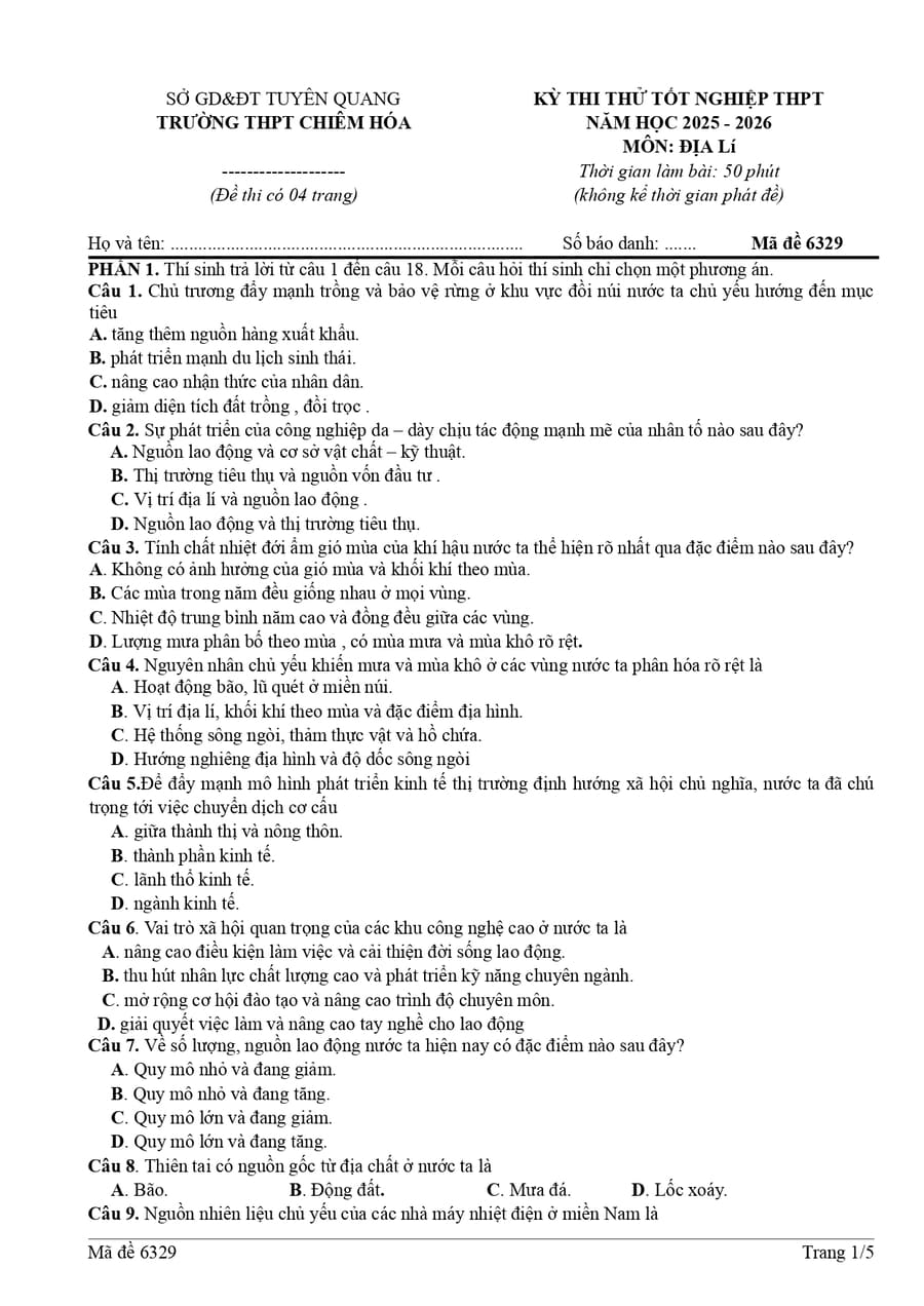 Đề thi thử tốt nghiệp môn địa THPT Chiêm Hoá 2026 