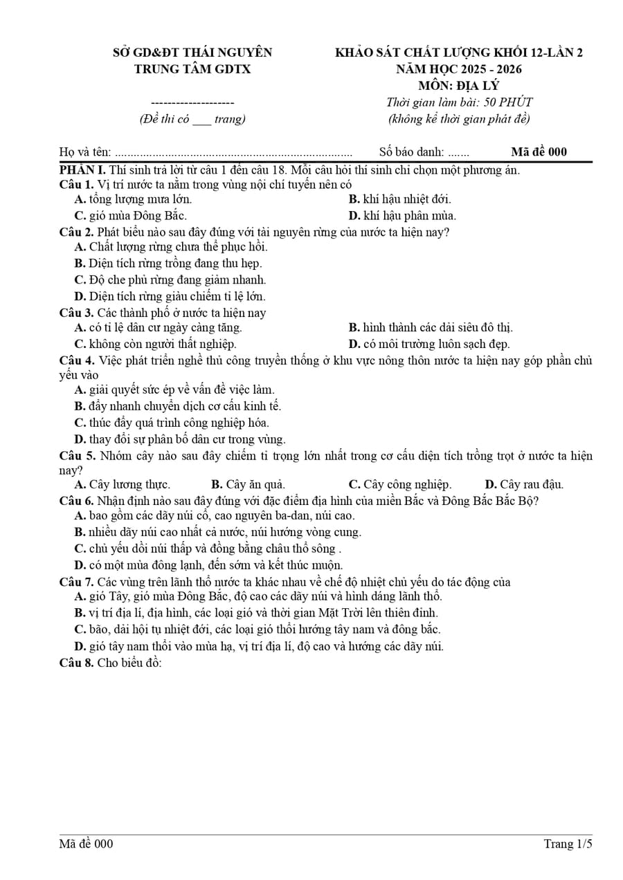 Đề thi thử tốt nghiệp môn địa GDTX Thái Nguyên 2026