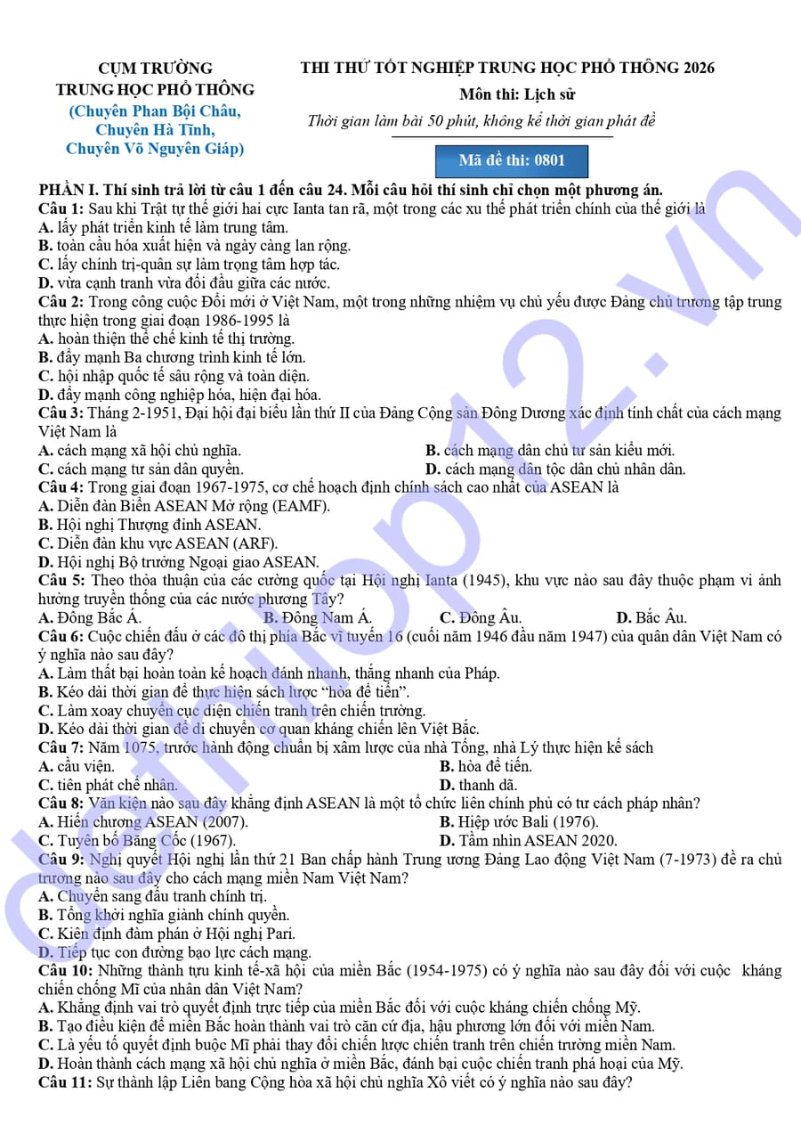 Đề thi thử tốt nghiệp môn sử cụm 3 trường THPT chuyên 2026