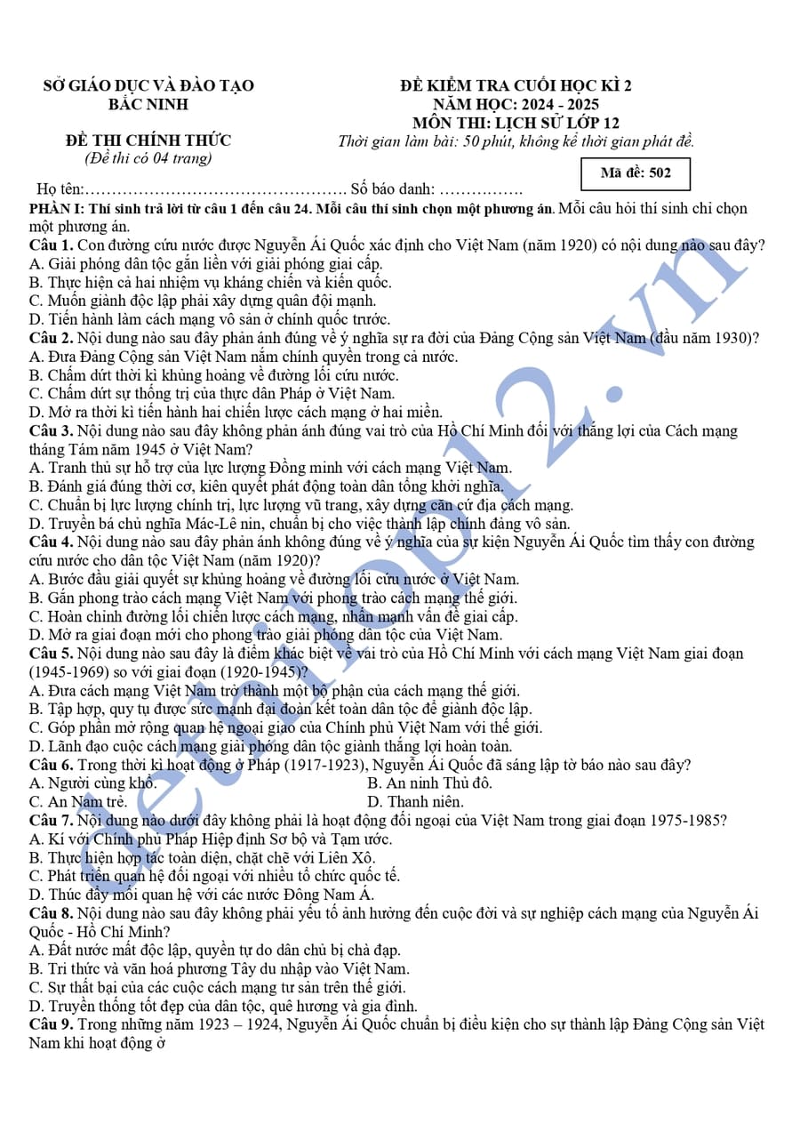 Đề thi cuối HK2 môn sử lớp 12 Bắc Ninh 2025 