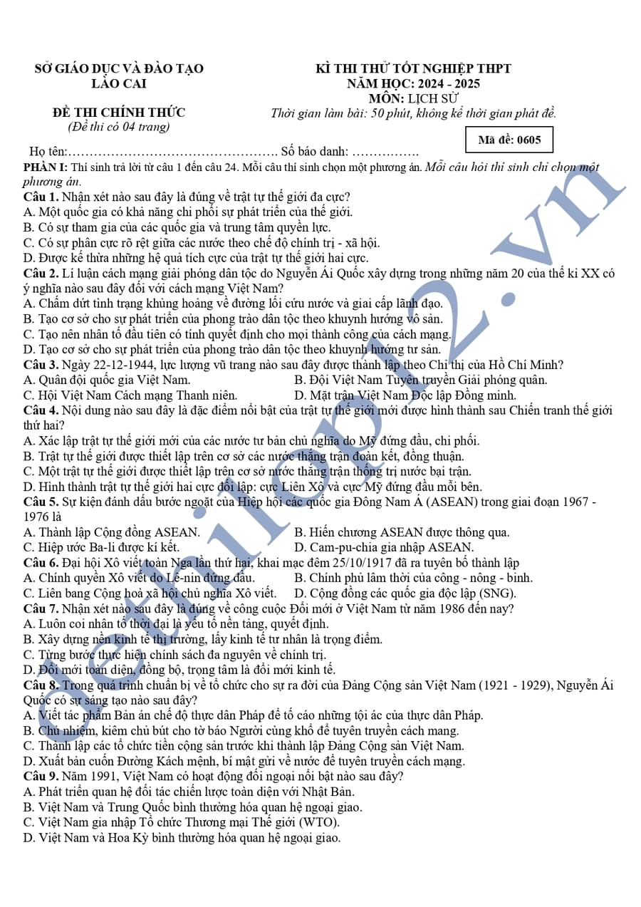 Đề thi thử tốt nghiệp môn sử Lào Cai 2025