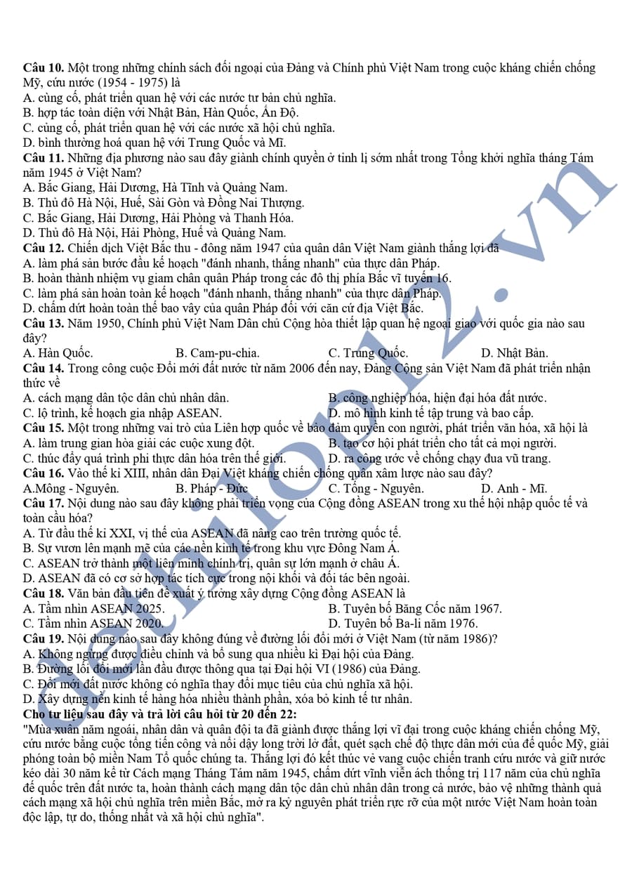 Đề thi thử tốt nghiệp môn sử Lào Cai 2025 2