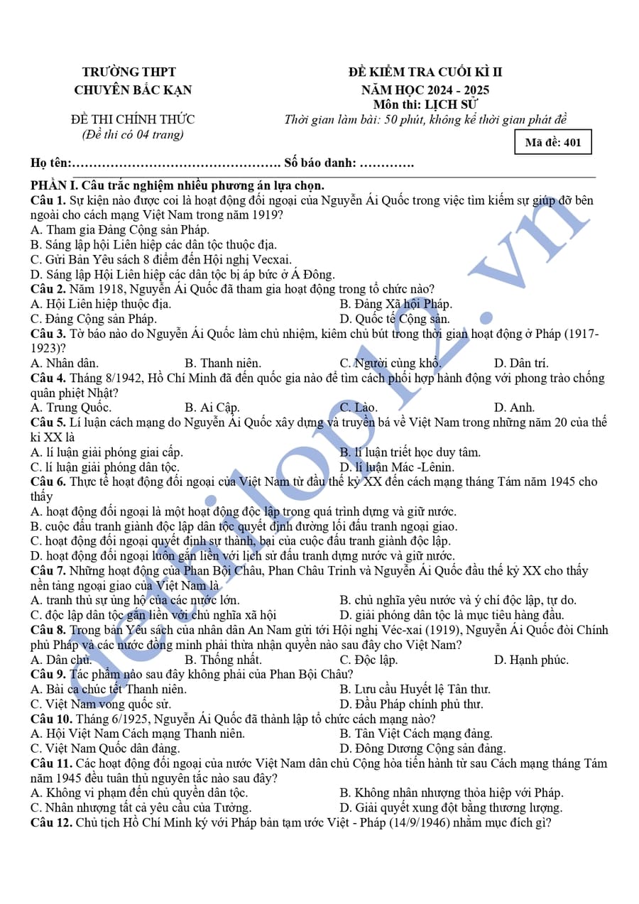 Đề kiểm tra học kì 2 lớp 12 môn sử chuyên Bắc Kạn 2025