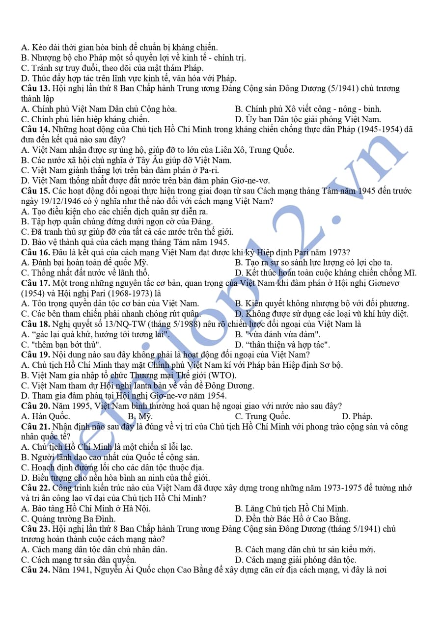 Đề kiểm tra học kì 2 lớp 12 môn sử chuyên Bắc Kạn 2025 2