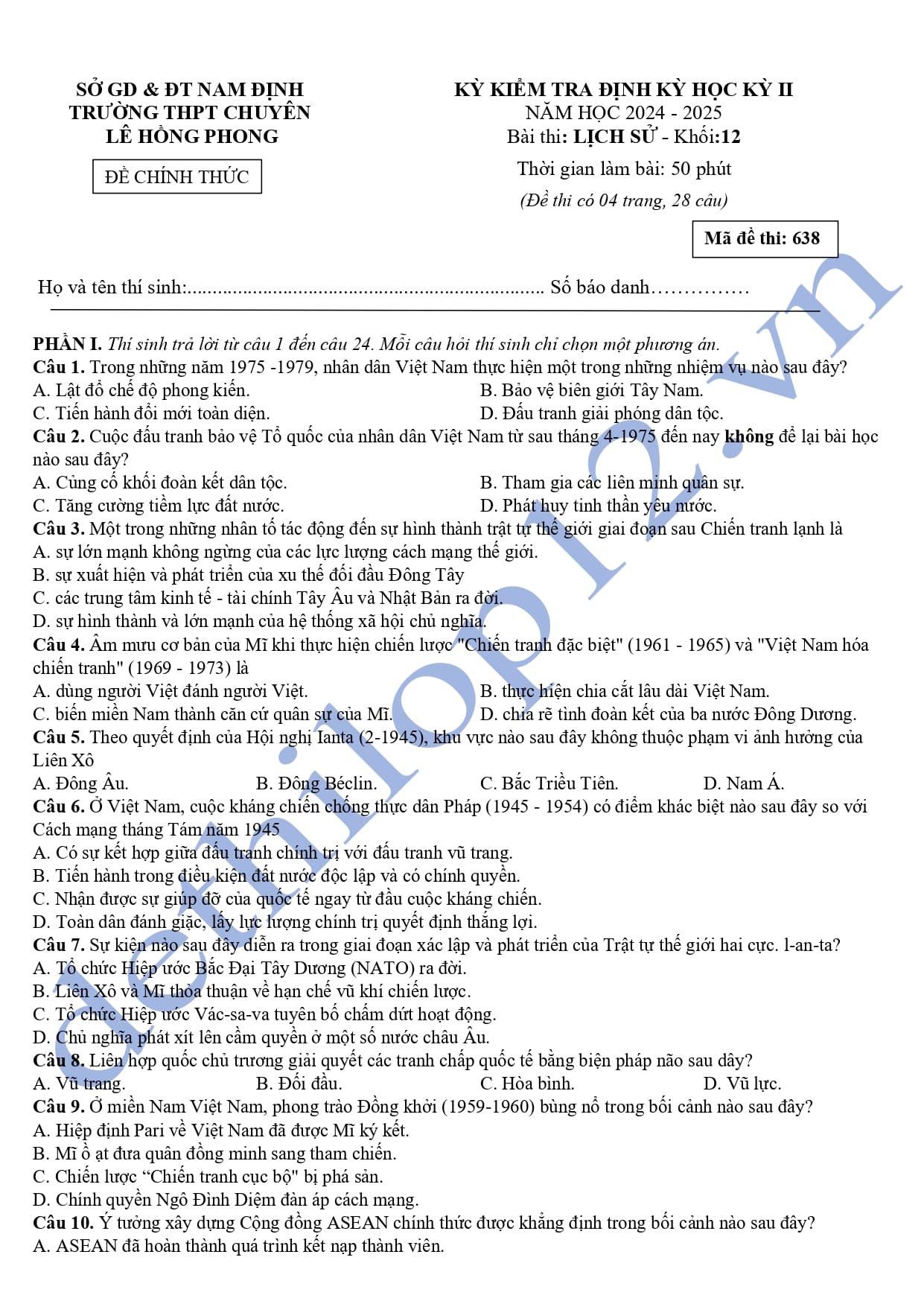 Đề thi học kì 2 môn sử lớp 12 chuyên Lê Hồng Phong 2025