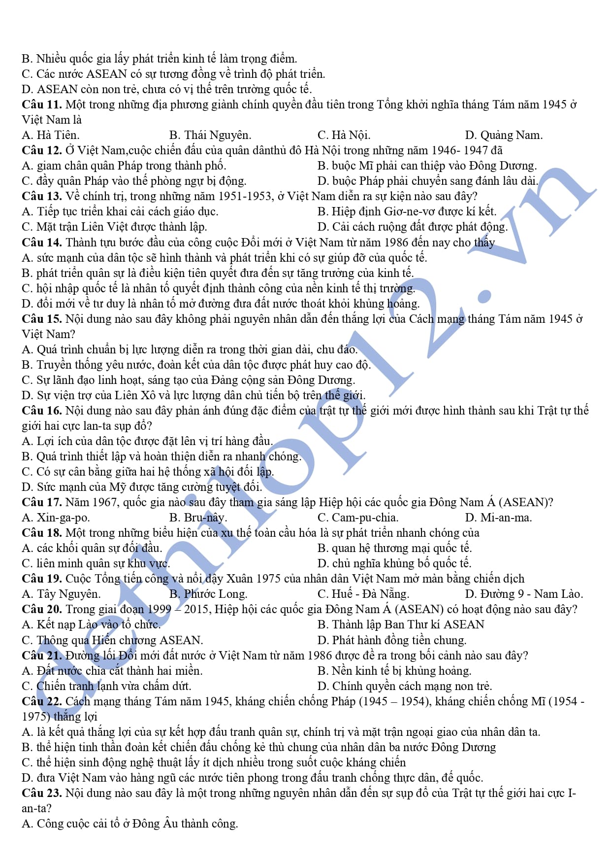 Đề thi học kì 2 môn sử lớp 12 chuyên Lê Hồng Phong 2025 2