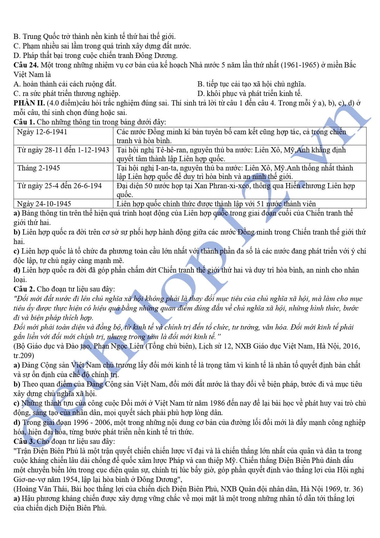 Đề thi học kì 2 môn sử lớp 12 chuyên Lê Hồng Phong 2025 3
