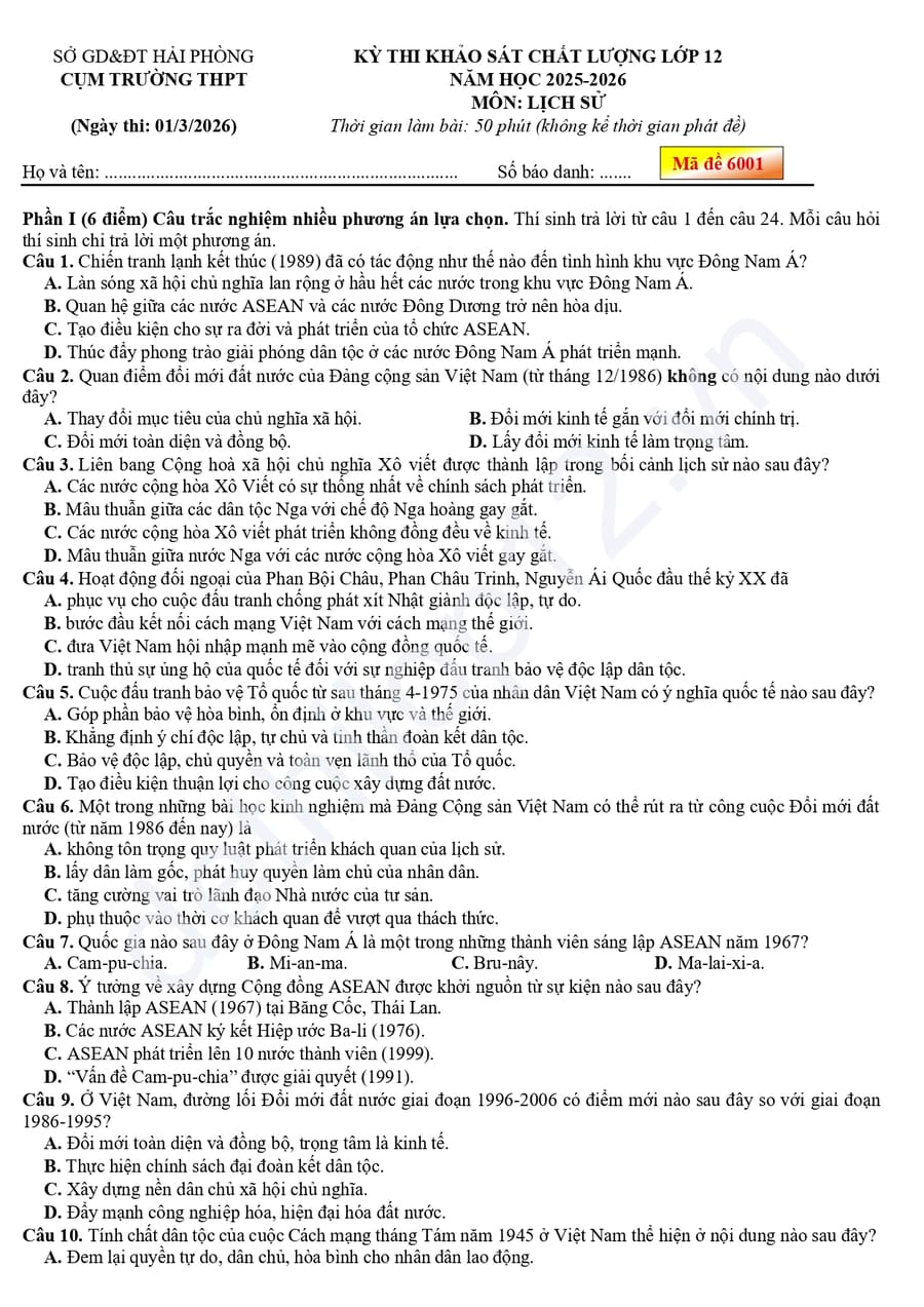 Đề thi thử lịch sử cụm THPT thành phố Hải Phòng 2026 lần 2