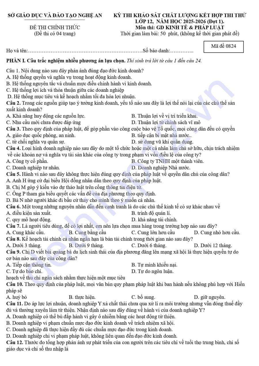 Đề thi khảo sát môn KTPL Nghệ An 2026 lần 1 