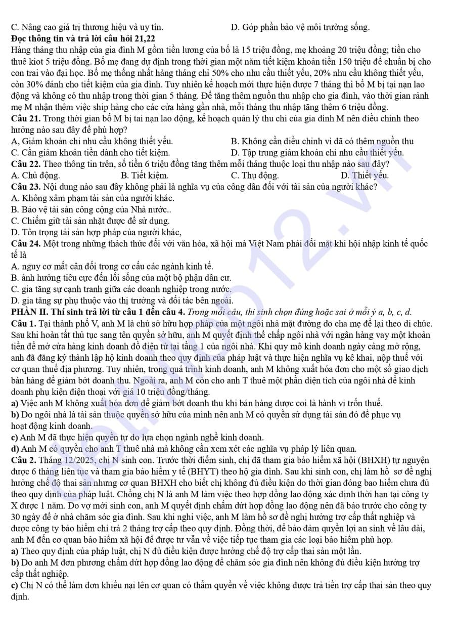 Đề thi khảo sát môn KTPL Nghệ An 2026 lần 1  2