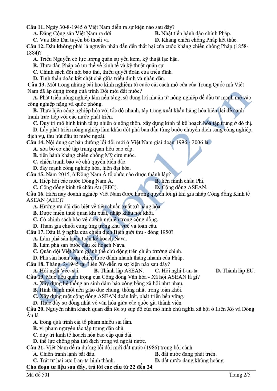 Đề thi thử lịch sử 2025 tỉnh Bà Rịa Vũng Tàu Lần 1 2