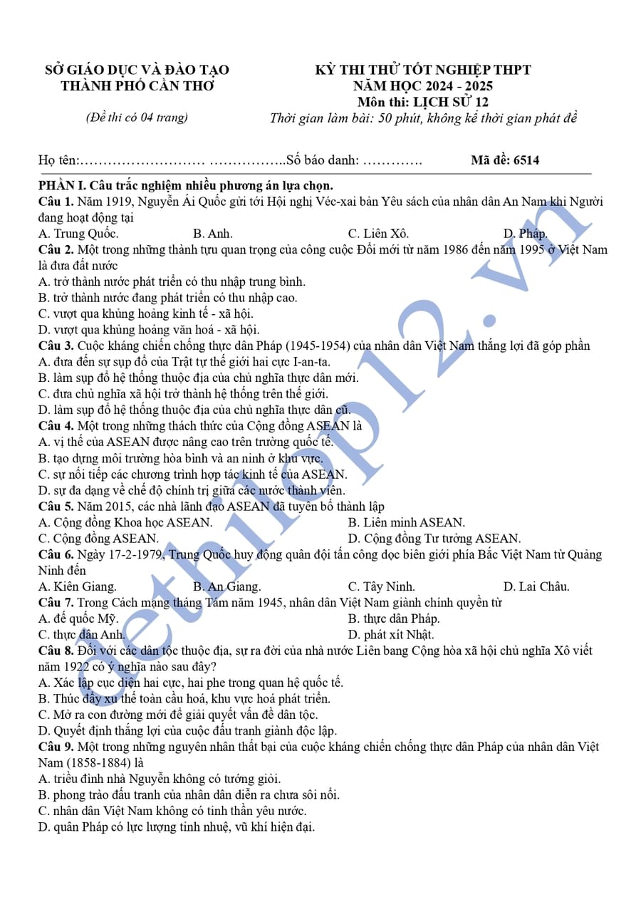 Đề thi thử tốt nghiệp môn sử 2025 tỉnh Cần Thơ