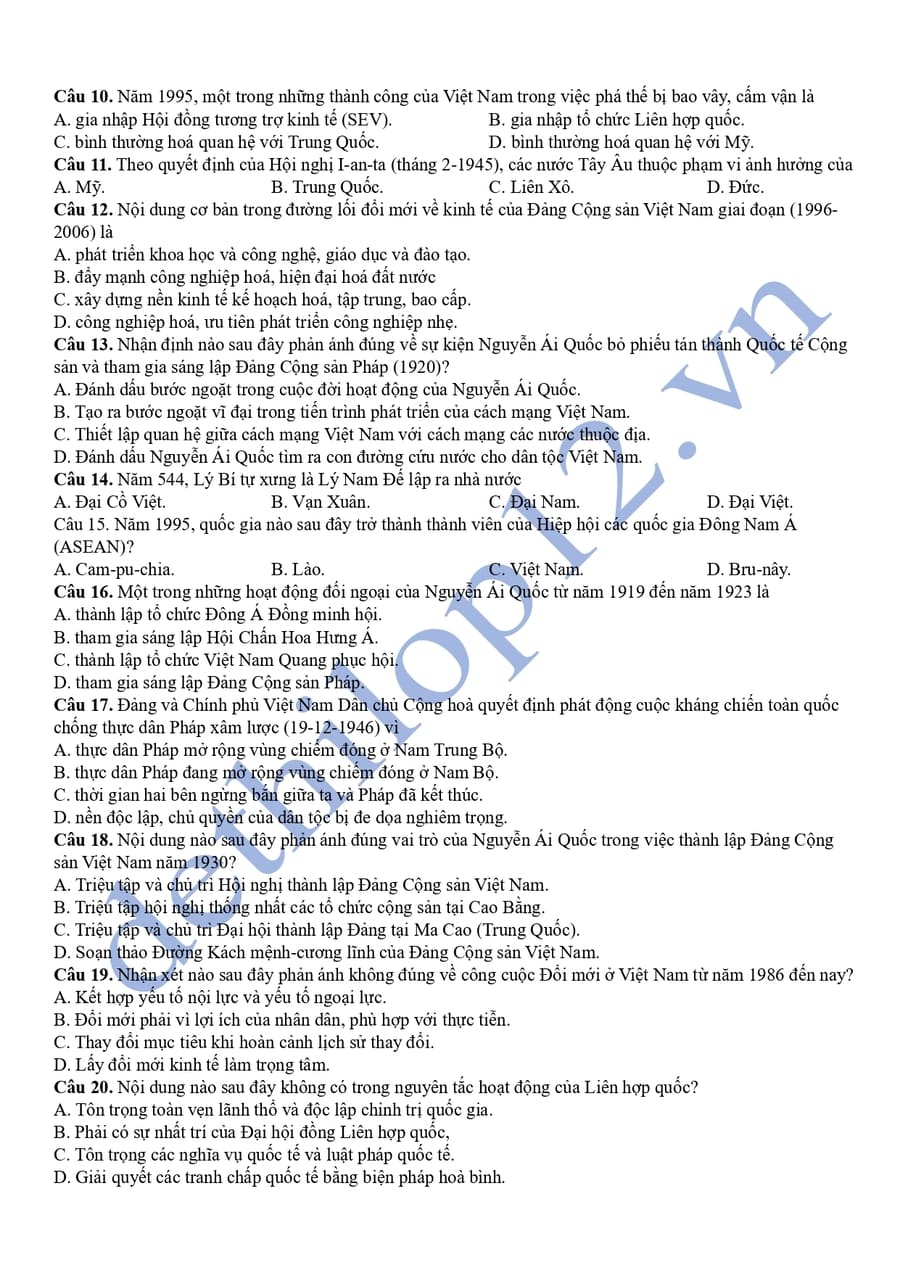 Đề thi thử tốt nghiệp môn sử 2025 tỉnh Cần Thơ 2